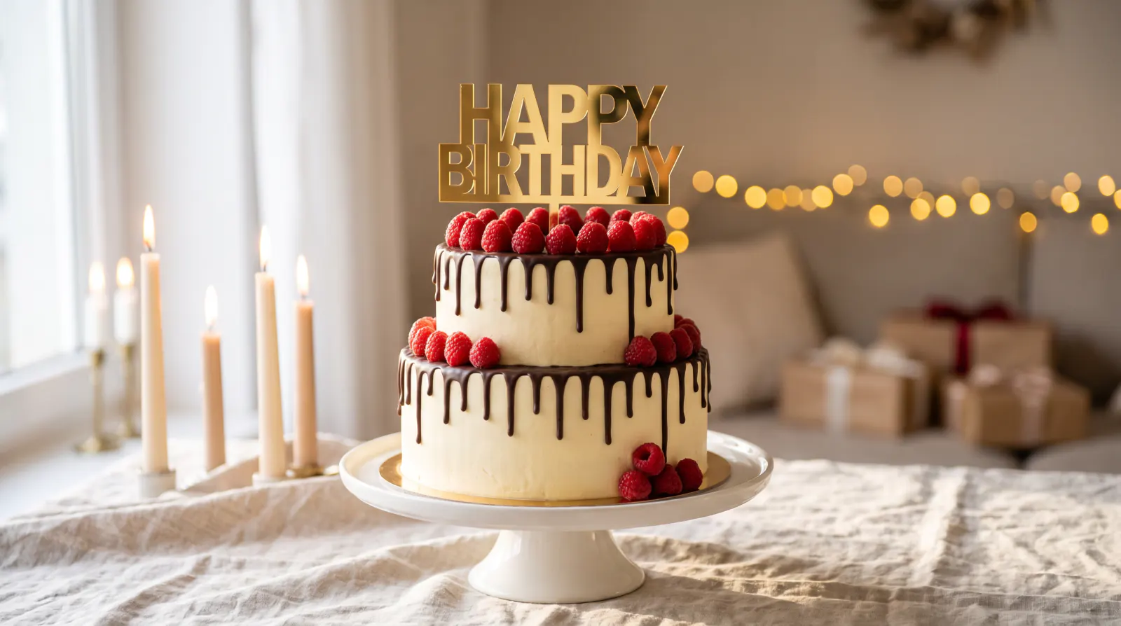 Zweistöckige Torte mit Himbeeren und einem goldenen Tortenaufsatz „Happy Birthday“ aus Acryl