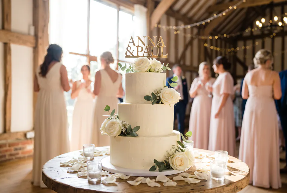 Tortenaufsatz „Hochzeit – Namen“ auf einer Torte