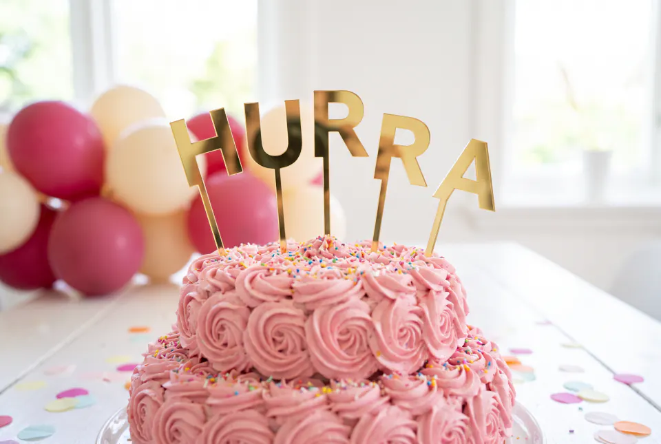 Tortenaufsatz „Konfetti – Hurra“ auf einer Torte