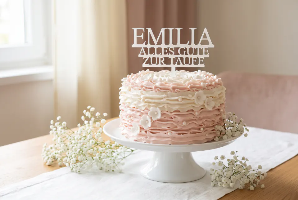 Tortenaufsatz „Taufe mit Name“ auf einer Torte